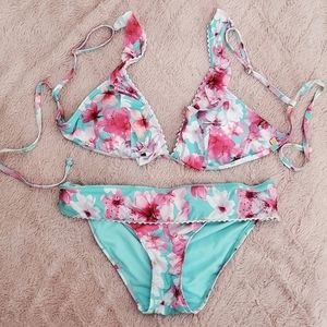 La Vie En Rose Aqua Blue and Pink Floral 2 Piece Bathing Suit Small